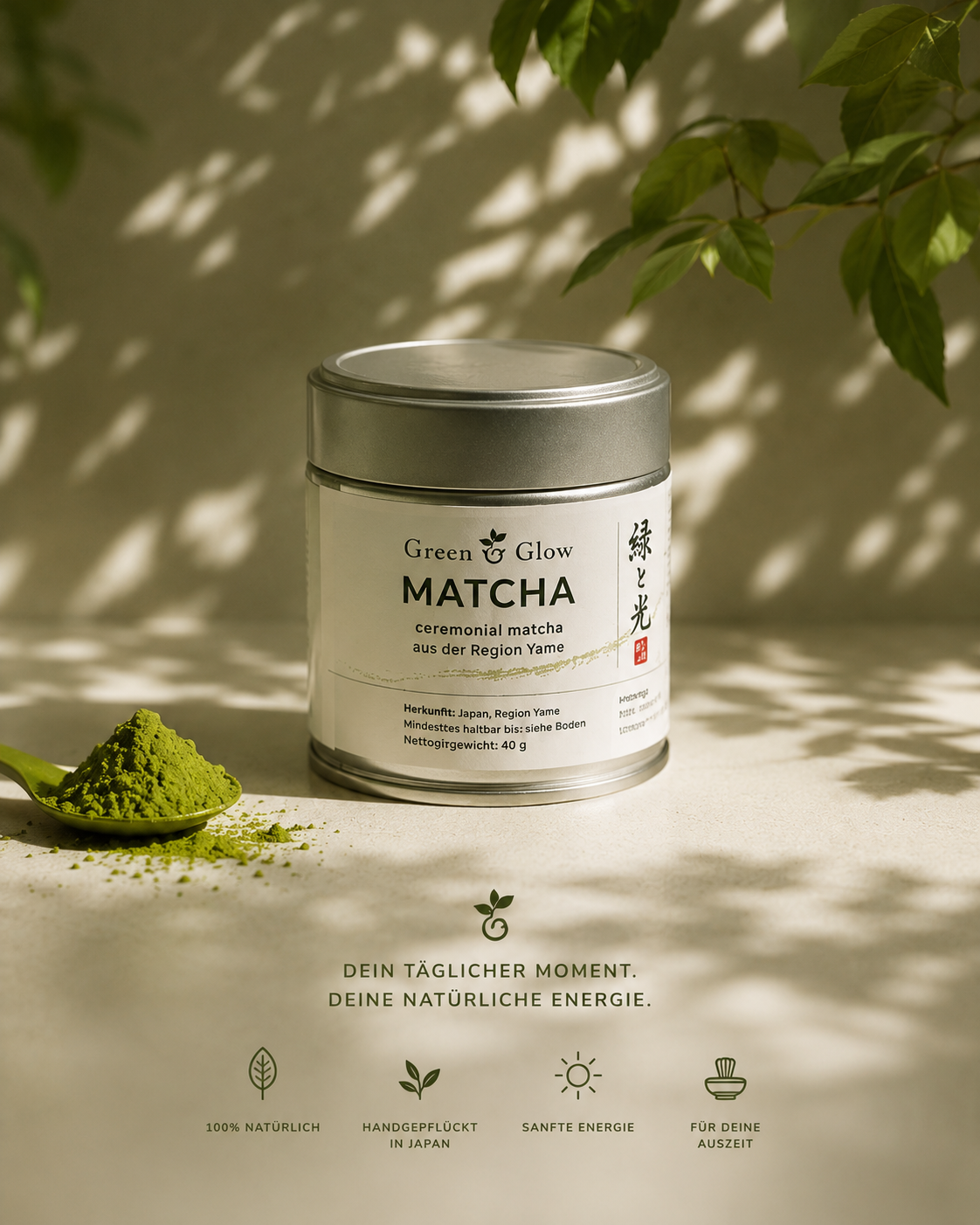 Green & Glow Ceremonial Grade Matcha 40 g Dose aus Yame, Japan